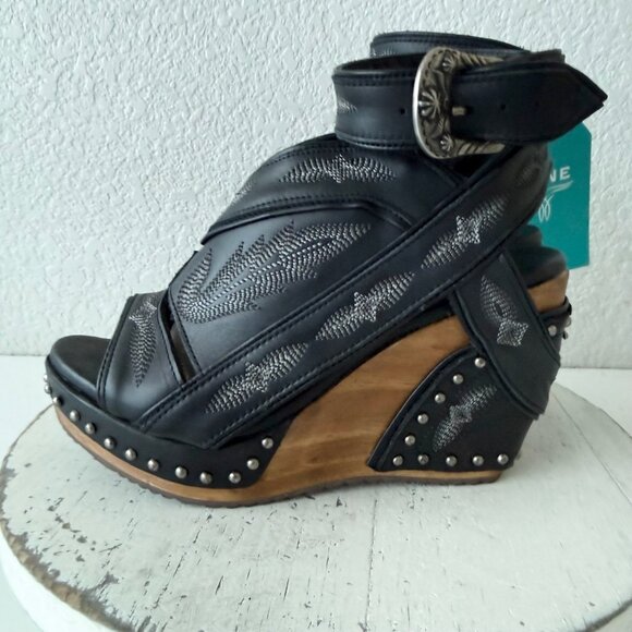 Lane Lexington Black Leather Western Wedges Sandals Wood Heel Womens 8.5 - Picture 4 of 9